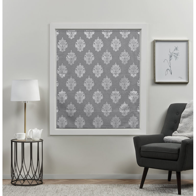 Exclusive Home Marseilles Damask 100% Blackout Roman Shade, Gray, 27"W x 64"L