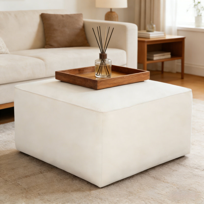 Upholstered Square Ottoman,Cream