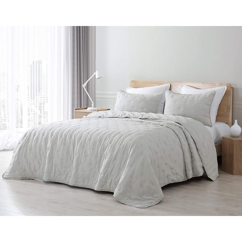 Marie Soft Washed Microfiber Line Stitch Quilt Set, King Quilt + 2 Shams, Light Gray
