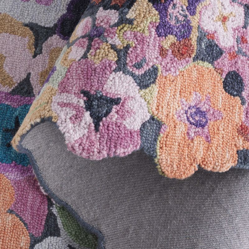 Floral rug wool/cotton hand tufted Garden in Gray/Pink, Rectangle 5' x 8'
