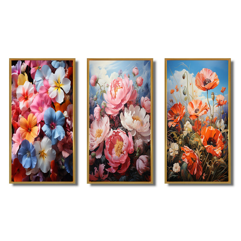«Meadow Prairie Primrose», 3 pièces sur toile, H 28 po x l 36 po, Encadrement doré
