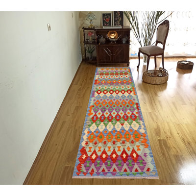 Tapis de couloir géométrique en laine bleu / rouille / vert 2 pi 11 po x 9 pi 9 po Riva