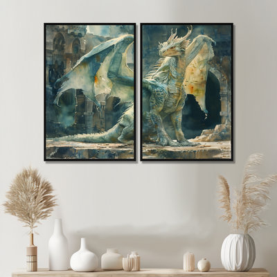 Green Ancient Ruins Dragon I - Abstract Dragons Canvas Wall Art 2 Pieces