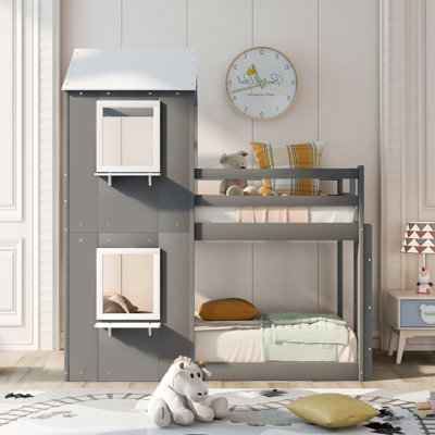 Twin Over Twin Wood Bunk Bed with Roof, Window, Guardrail & Ladder, Pine Playhouse Style Bed Frame (Grey)