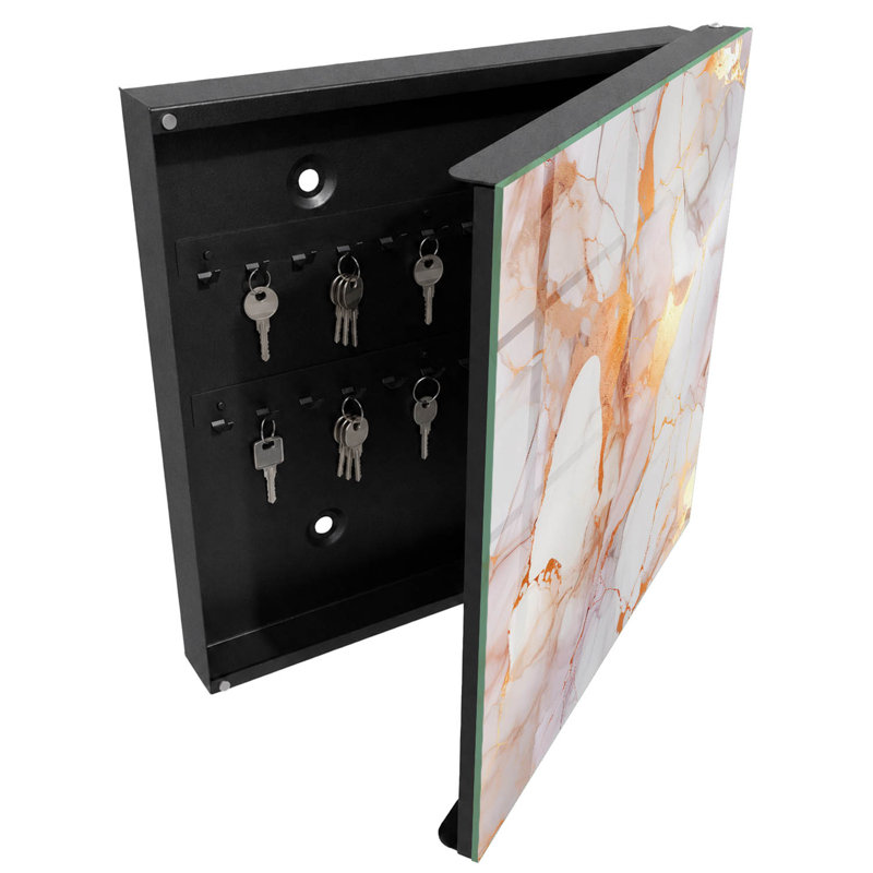 Wall mounted key box, Opens to the left, 30x30x5, Black, Subtle marble patterns with copper lines, 