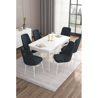 Ensemble de table et chaises de salle à manger extensible Modern (7 pièces), blanc et anthracite, 52,0 x 31,0 x 30,7 pouces (fermé) | 67,0 x 31,0 x 30,7 pouces (ouvert) | 100% bois aggloméré et contreplaqué, tissu Babyface, élégant et fonctionnel pour toute salle à manger