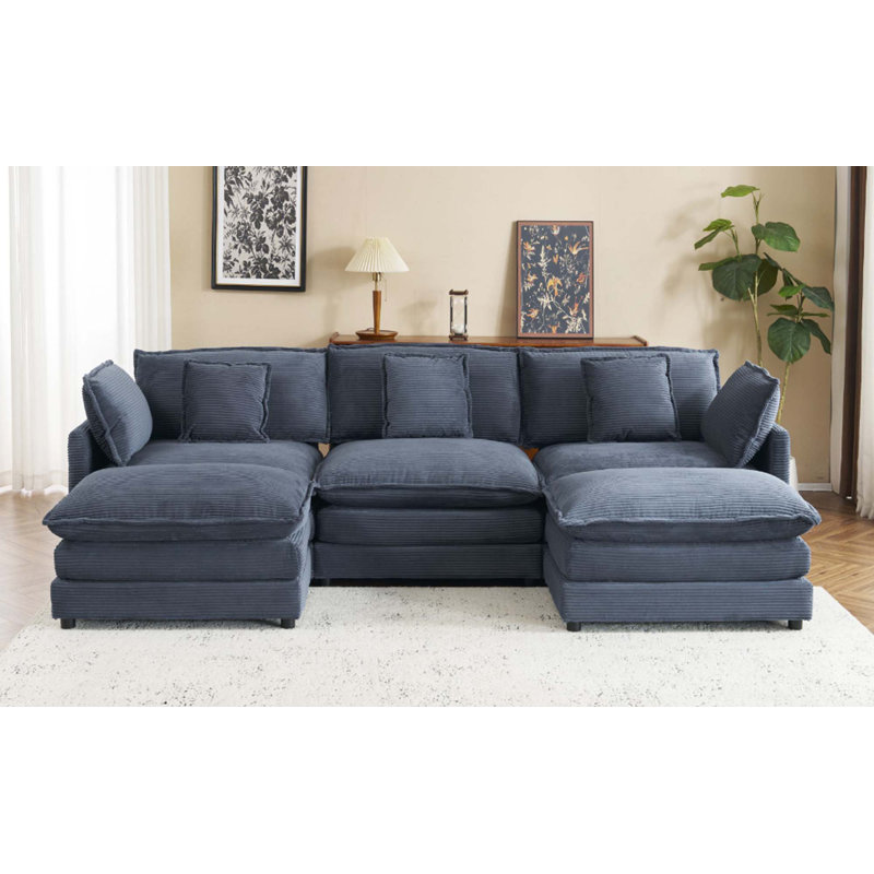 Canapé modulaire en L en velours côtelé de 112,6 po avec poches de rangement latérales pour salon, Bleu