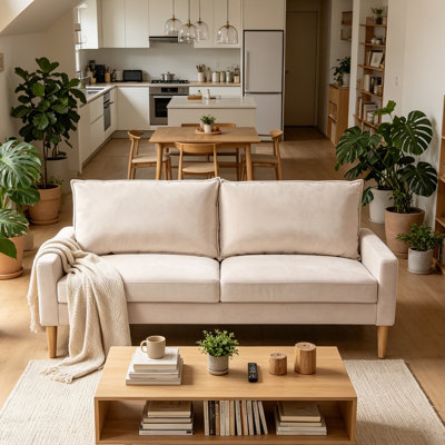 Canapé moderne 70 po en velours avec accoudoirs et support à ressorts, canapé 3 places minimaliste avec pieds en bois pour salon, appartement, bureau - bleu foncé