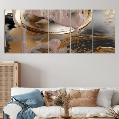 Abstract Golden Infinity Circles II - Abstract Liquid Ink 5 Piece Wall Art Canvas