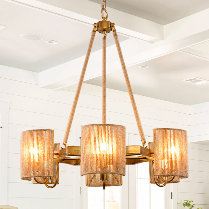 Boho 6-Light Dimmable Hand-Woven Rope Wagon Wheel Chandelier