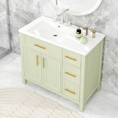 Meuble-lavabo de 91 cm (36 po) avec lavabo, meuble-lavabo à deux portes et trois tiroirs, en bois massif et panneaux MDF, vendu à l'unité, blanc et vert.