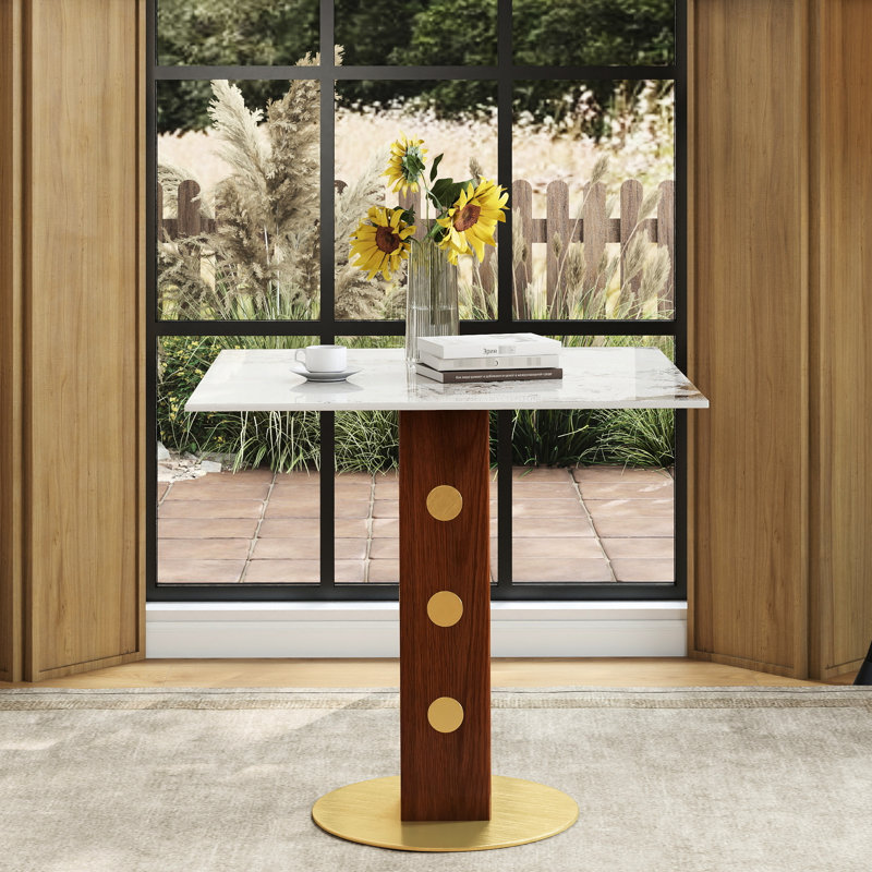 Table de cuisine en pierre frittée de 33,5 po pour 2 personnes avec pieds en bois et base dorée, décor minimaliste pour les espaces domestiques, pieds stables et petites salles à manger modernes