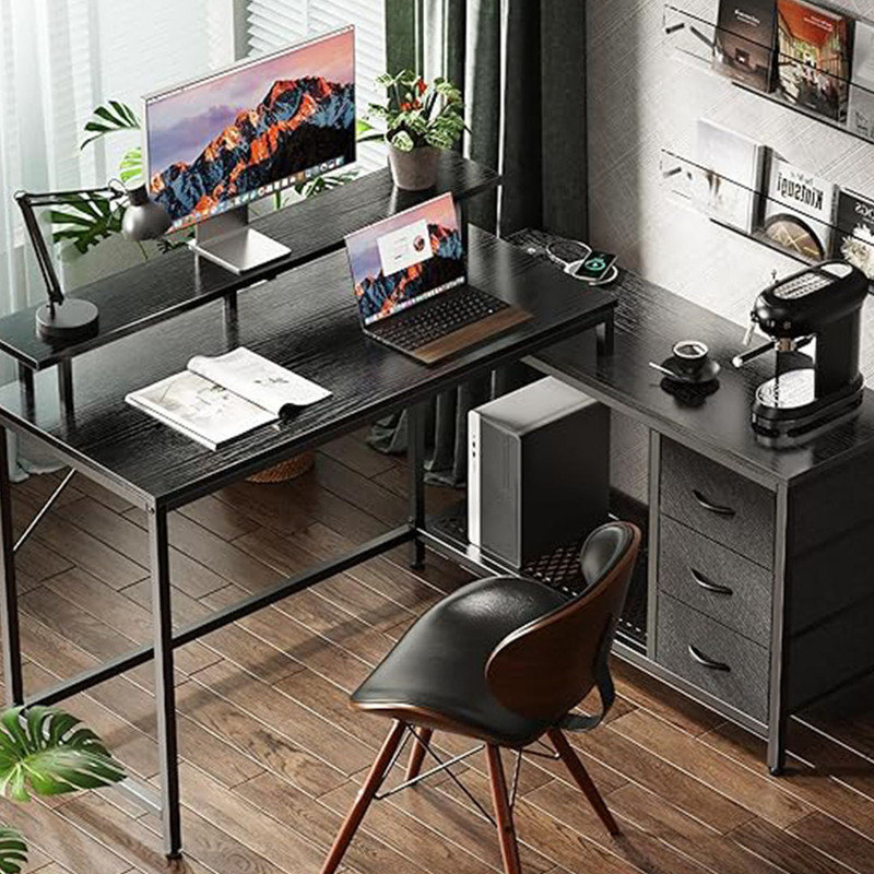 Reversible L Shaped Computer Desk with Drawers, Gaming Desk with LED Lights and Power Outlets for Home & Office, Black