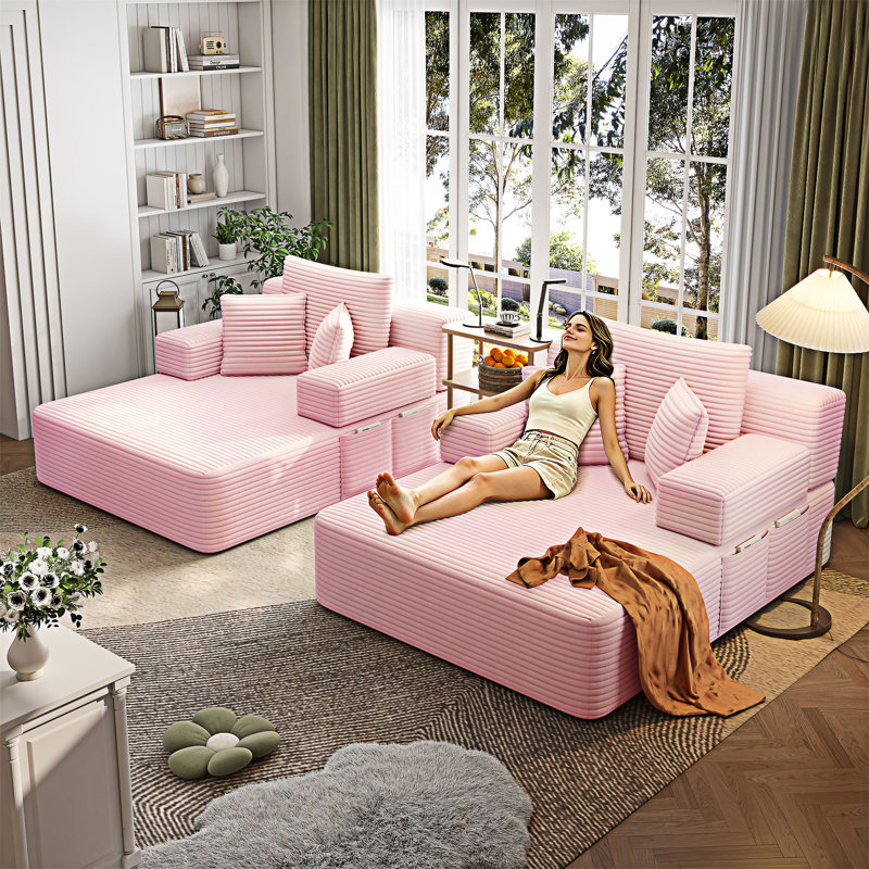 Canapé-lit convertible avec méridienne avec poches de rangement et coussins, Velours côtelé rose