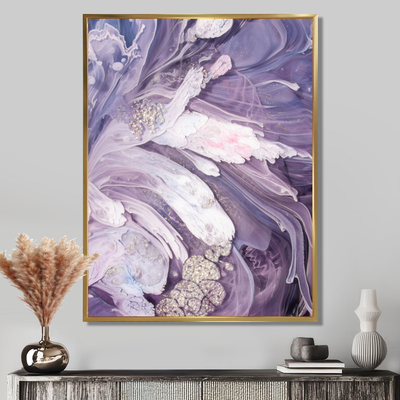 Mauve liquide Art Ripples - art mural moderne sur toile, H 40 po x l 30 po, Reproduction avec cadre flottant, Doré