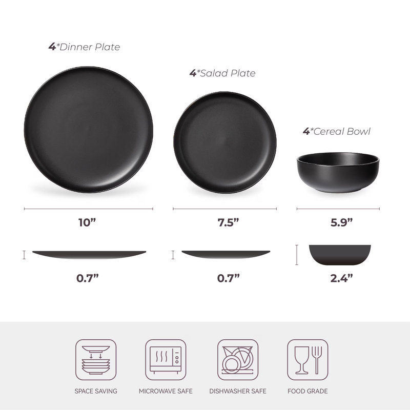 Service de table en grès 12 pièces - allant au micro-ondes et au lave-vaisselle, empilable, non toxique - service pour 4