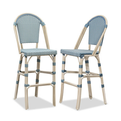 Patio 25" White Print Finish French Bar Stools With Back Rattan (Set Of 2)