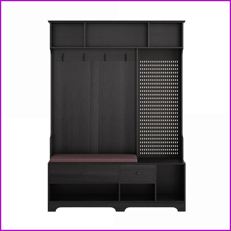 Arbre d'entrée avec portemanteau, banc de rangement et amp; Panneau perforé bricolage | Bois aggloméré noir moderne et fer