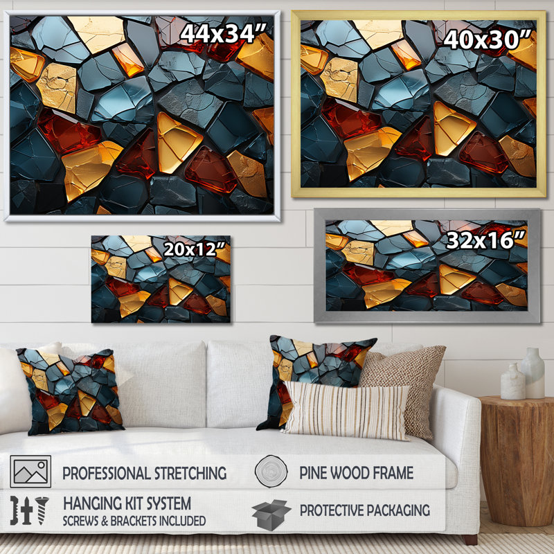 Carreaux de mosaïque dorés et bleus I - décoration murale en marbre, Cadre d'angle fermé doré, H 34 po x l 44 po x P 1,5 po