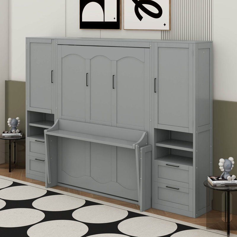Grand lit escamotable mural avec placard, tiroirs et tablettes, Gris