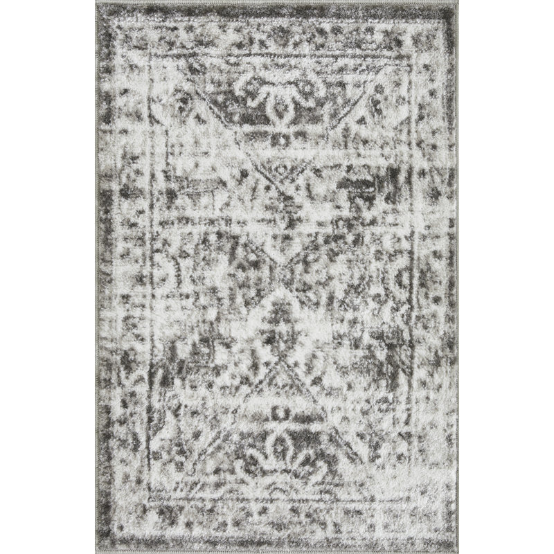 Tapis oriental gris en polypropylène tissé à la main Ragheb, Rectangle 2 pi x 3 pi