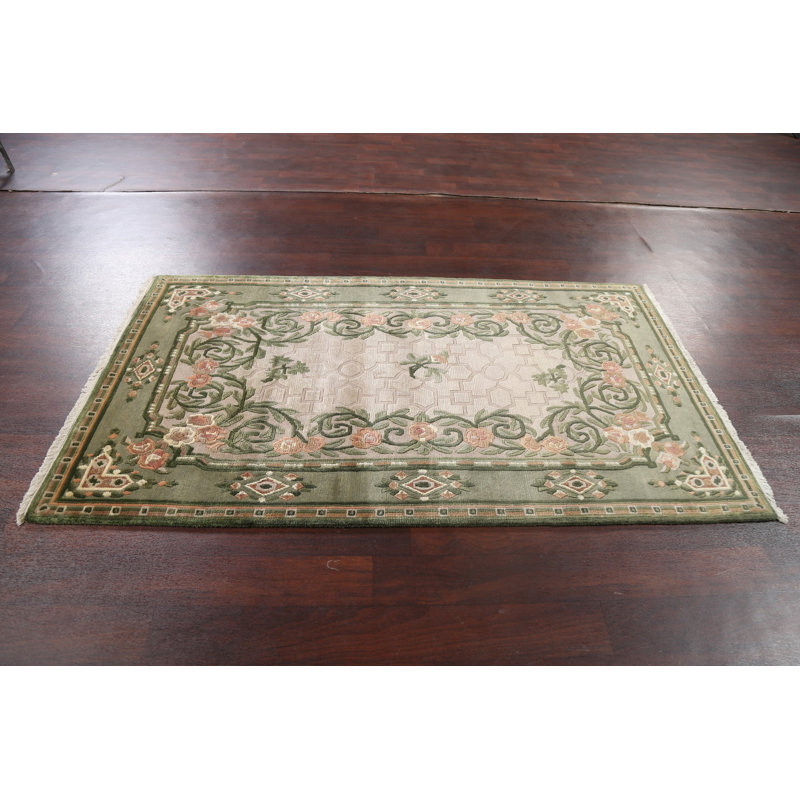Tapis népalais beige et vert noué à la main 4 x 6