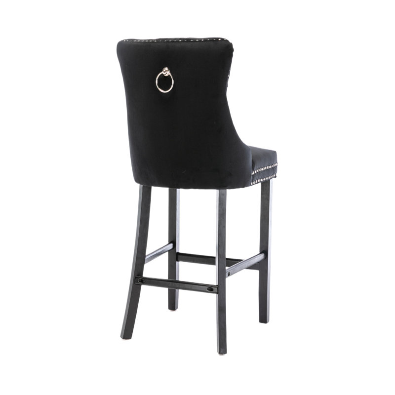 Black Velvet Upholstered Bar Stools with Wood Legs, Set of 4