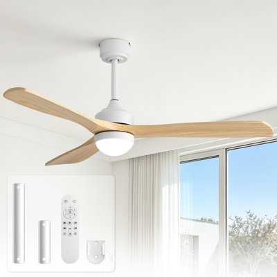 Kemp 52" 3-Solid Blade Beige Ceiling Fan with Light, Flush & Downrod Mount, Reversible, Remote Control, Modern Fan for Indoor Medium/Large, White&Beige