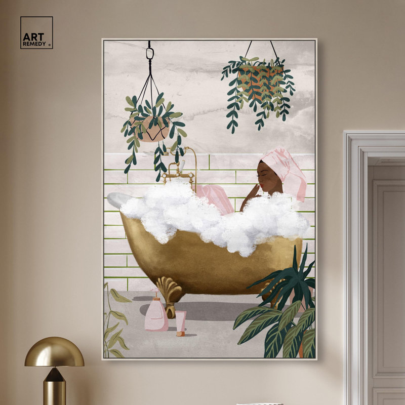 «Botanical Bathtime Lounge», reproduction d'art sur toile tendance par Art Remedy, H 55 po x l 37 po, Cadre argenté