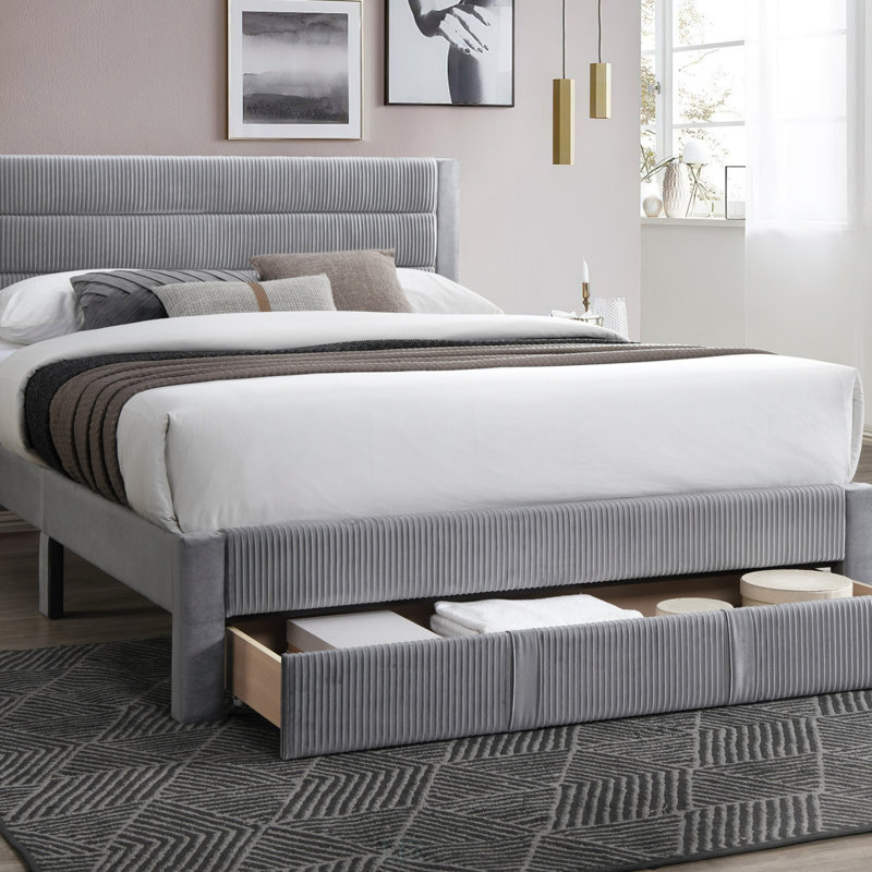 Luxury Contemporary Queen Bed With Storage Drawer And Corduroy Headboard, Perfect For Modern Elegance And Space Efficiency