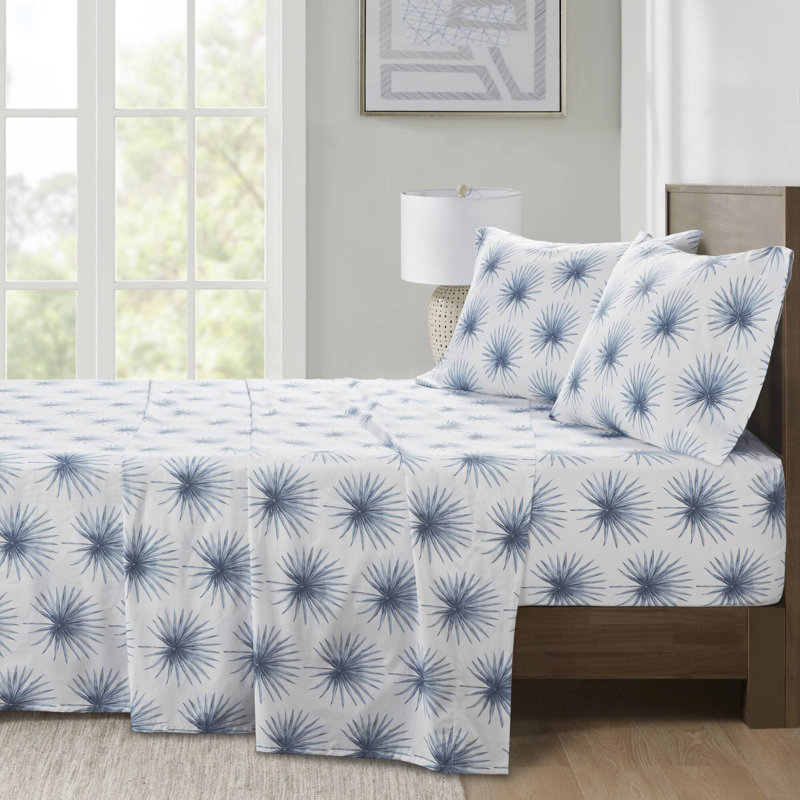 Ensemble de draps 100% coton 200 fils 200 fils, Ensemble de draps pour très grand lit avec 2 taie, Bleu Palmeto