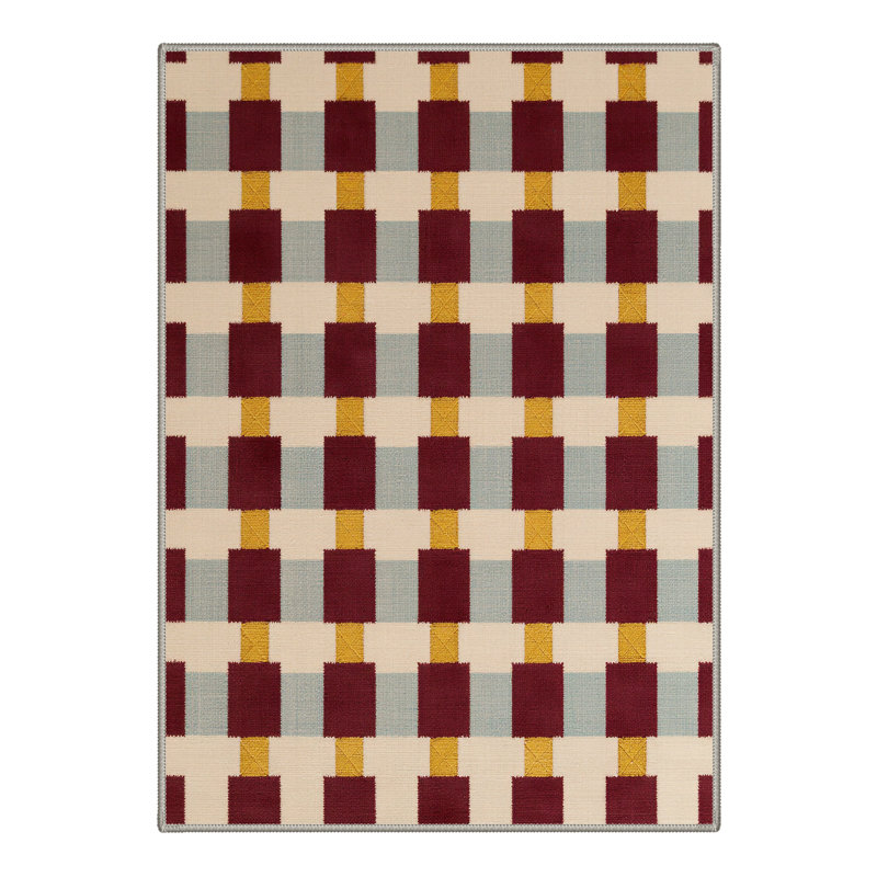 Basketweave Modern Machine Washable Beige / Yellow / Red Indoor Area Rug with Non-Slip Backing, Round 5'