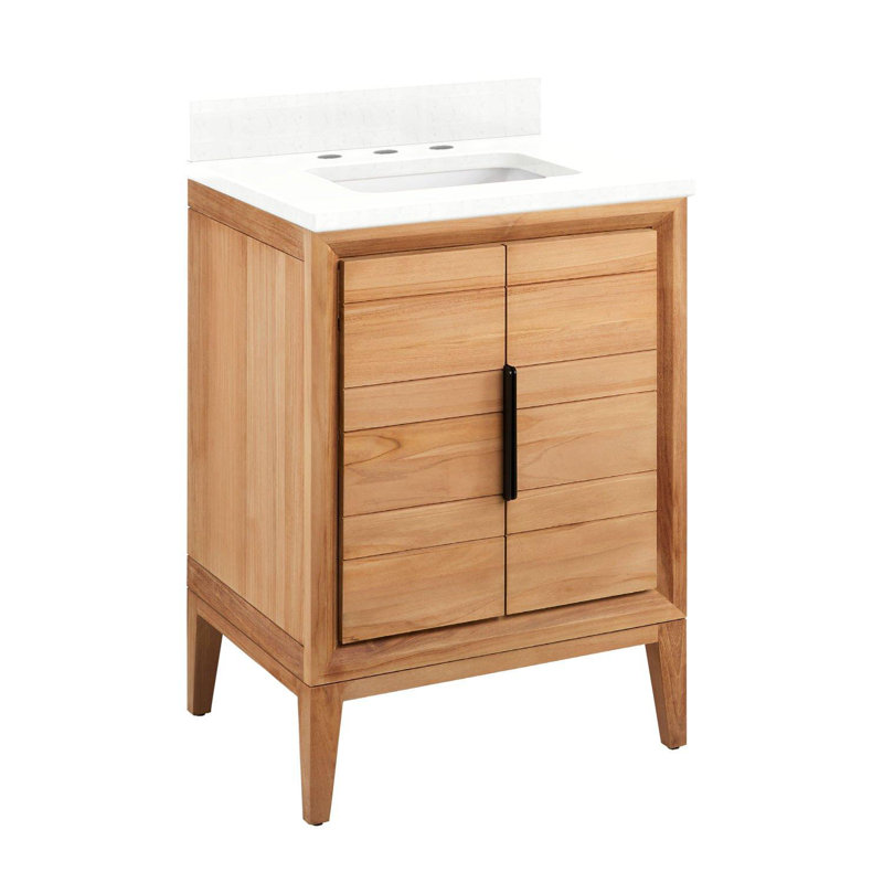 24" Aliso Single Bathroom Vanity Set with Rectangular Undermount Sink, Feathered White Quartz, 8" Widespread, Natural Teak