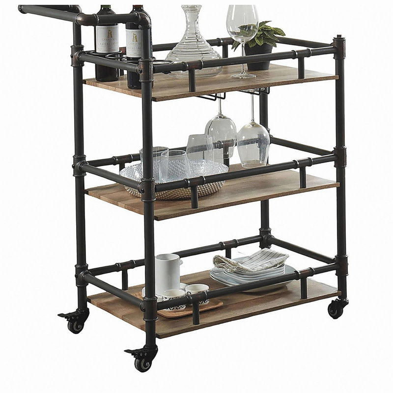 Plateau 1 pièce à 3 niveaux avec roulettes en chêne naturel de style industriel