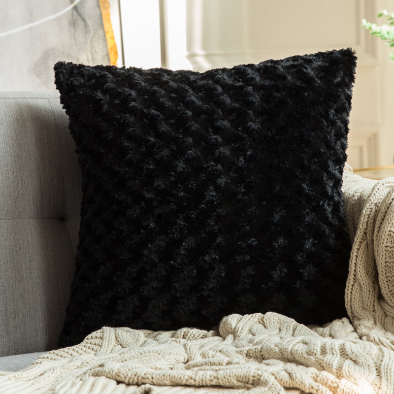 Housse et insert de coussin carré en fausse fourrure, Noir, H 18 po x l 18 po