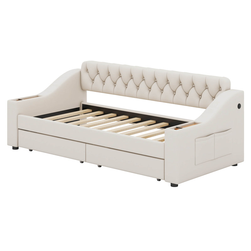 Twin Size Upholstered Daybed with Storage Armrests and USB Port, Beige