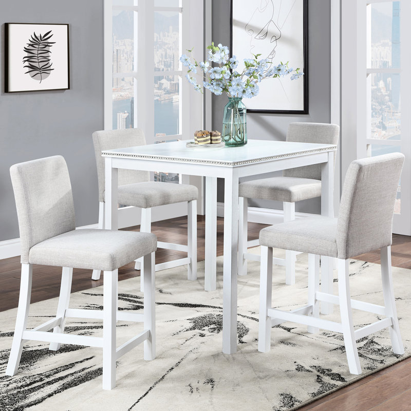 Table de salle à manger carrée blanche pour 4 personnes, hauteur du comptoir, plateau imperméable, structure et pieds en bois massif, montage facile, bords en cristal acrylique, structure lisse pour usage domestique
