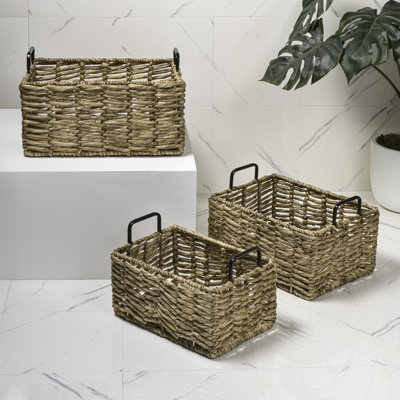 Savoy Coastal Farmhouse Handwoven Water Hyacinth Nesting Storage Baskets with Metal Handles (Set of 3)