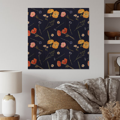 Orange and Yellow Wild Flowers on Dark Blue - Unframed Painting on Wood -  Red Barrel Studio®, B0B7422DE9834A668B297A78E84DCDD4