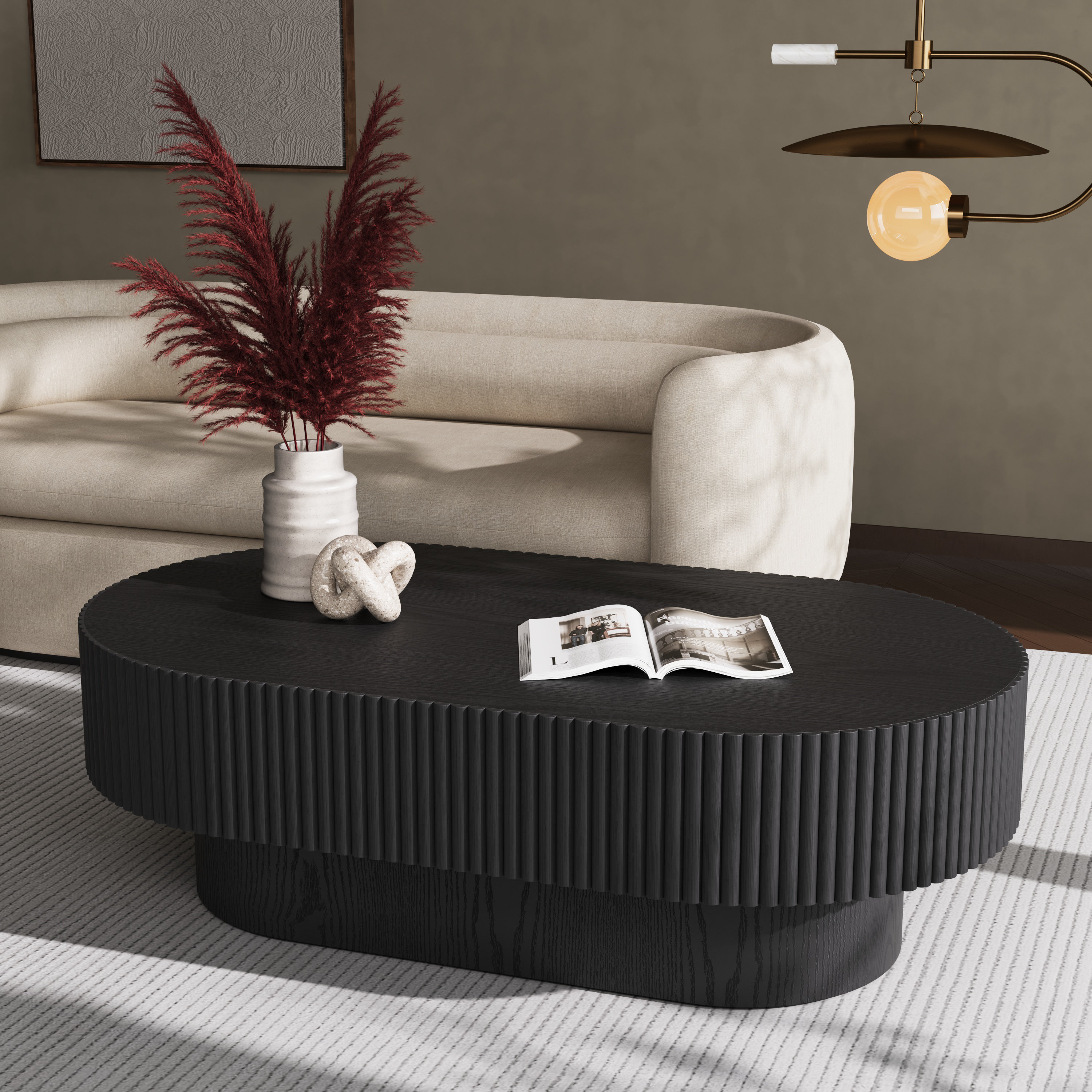 Alethia 44'' Handcrafted Oval Capsule Coffee Table – Fluted Solid Wood Design