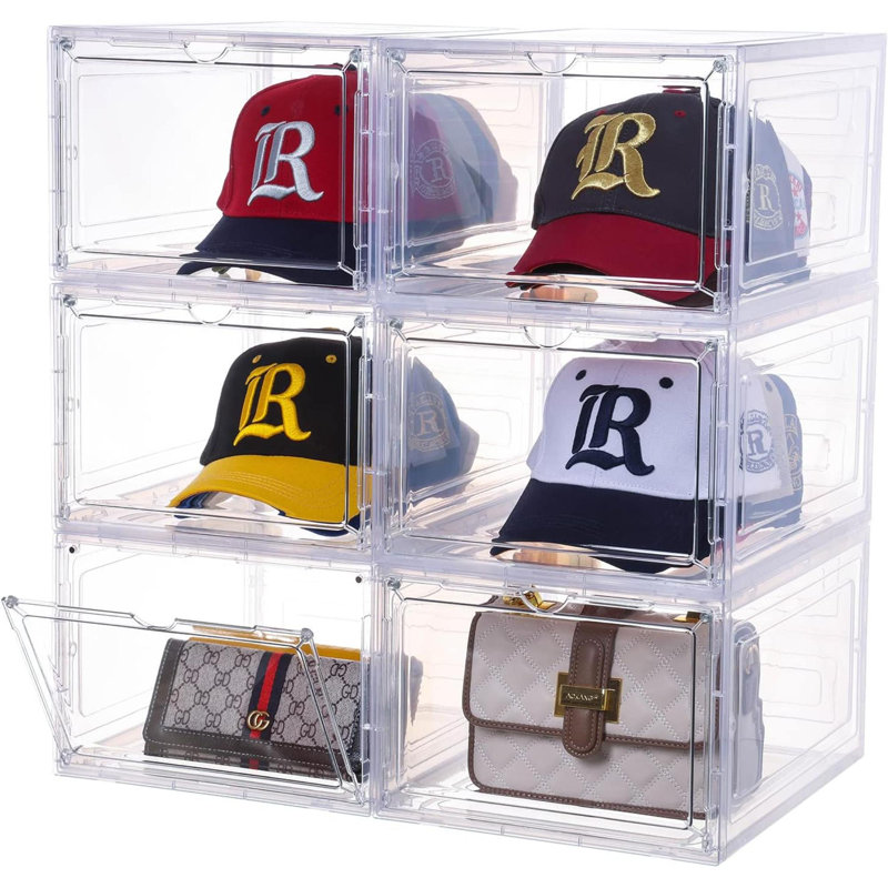 Boîte de rangement pour 6 casiers, boîte de rangement pour casquettes de baseball empilables avec porte magnétique pour chapeaux