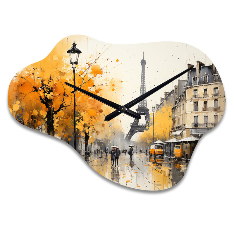 Jaune et gris, art de rue parisien - horloge en métal Paris, horloge murale asymétrique traditionnelle, Grand