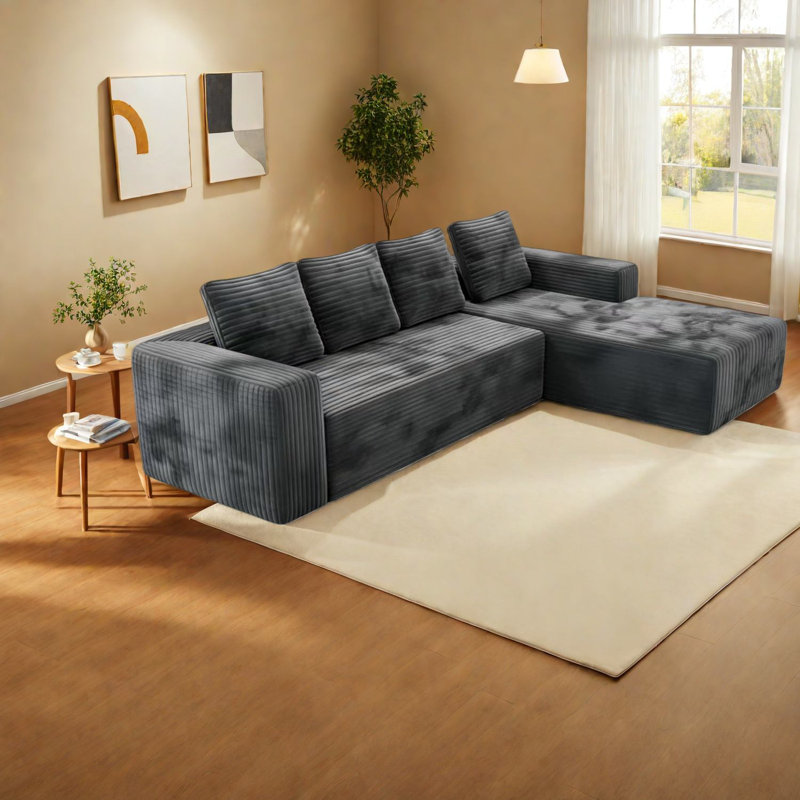 Canapé modulaire moderne gris avec assise profonde, revêtement en velours côtelé moelleux, design spacieux en forme de L pour le salon, aucun assemblage requis