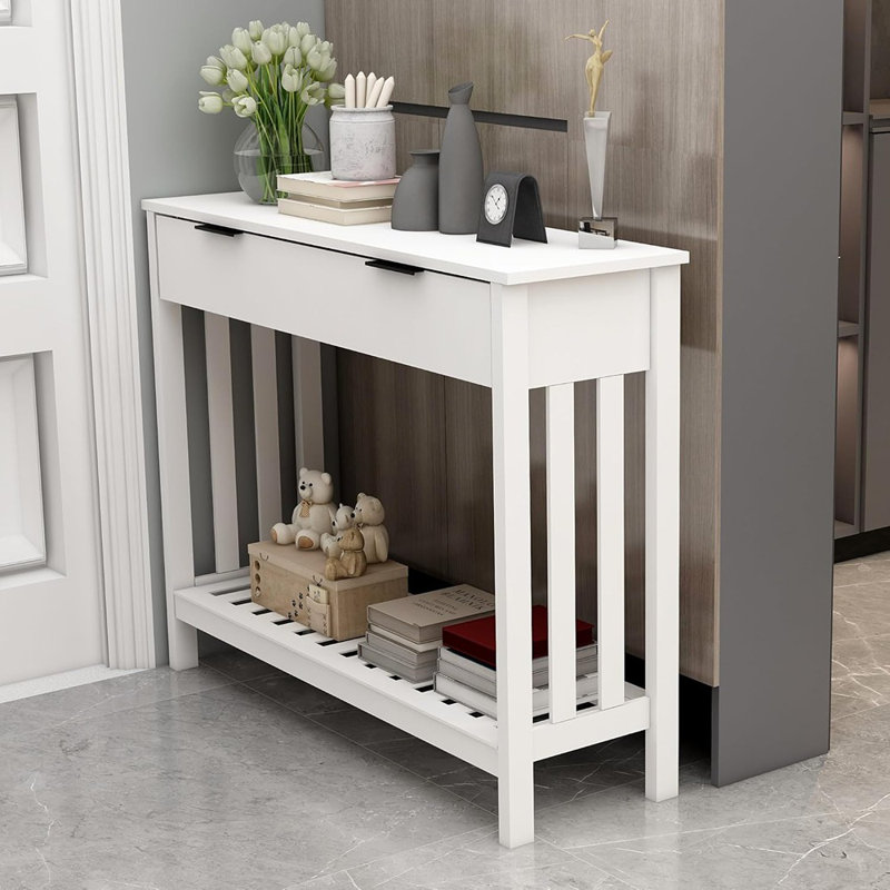 Table de console étroite blanche avec rangement Table de vestibule moderne en bois avec tiroir, table de couloir, tables de salon, tables d'entrée pour le couloir de la porte d'entrée, bureau, blanc