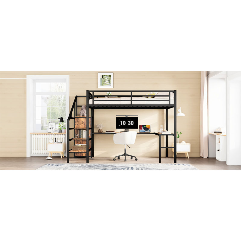 Lit mezzanine surélevé avec grand lit, tablette à DEL et tablette réglable - Établi en forme de L en métal, armoire de rangement et escalier personnalisable