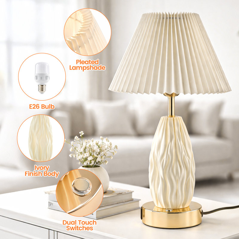 Double Glow Dual Light Rechargeable 3D Printed Bedside Lamp, Luminous Base & Pleated Fabric Shade LED Table Lamp, USB Cordless Nightstand Lamp