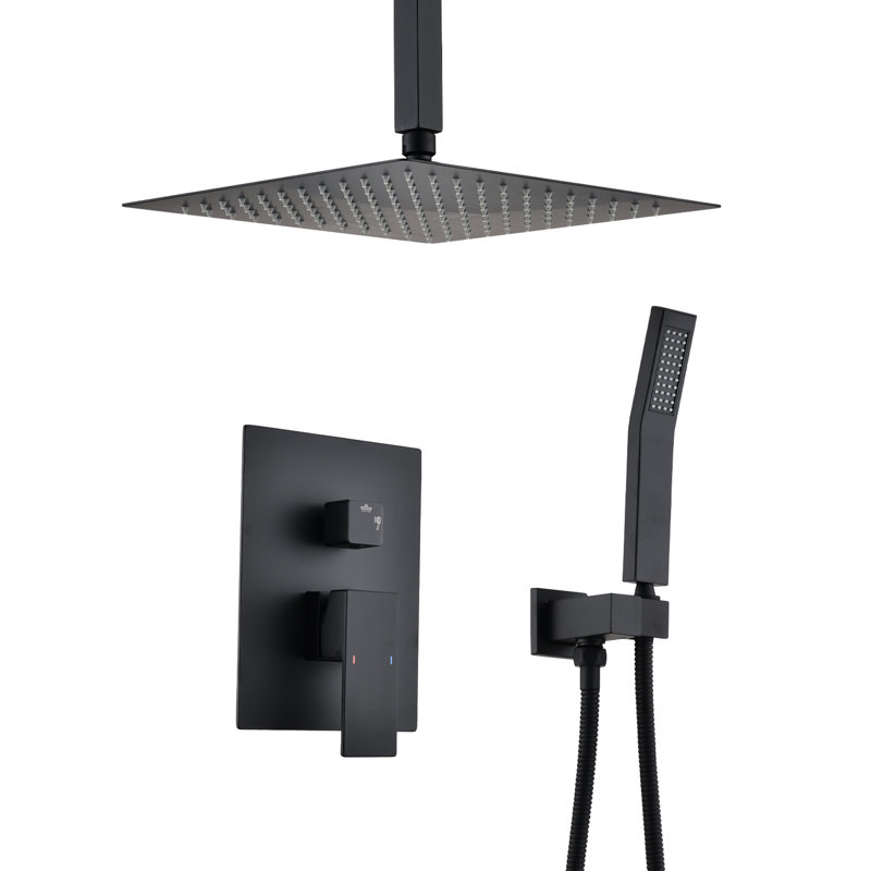 Matte Black Ceiling Mounted Shower Kit - 12" Head And Handheld Natural Rainfall Simulation Self-Cleaning Outlet Brass Manufactured , & Replica Tap Made