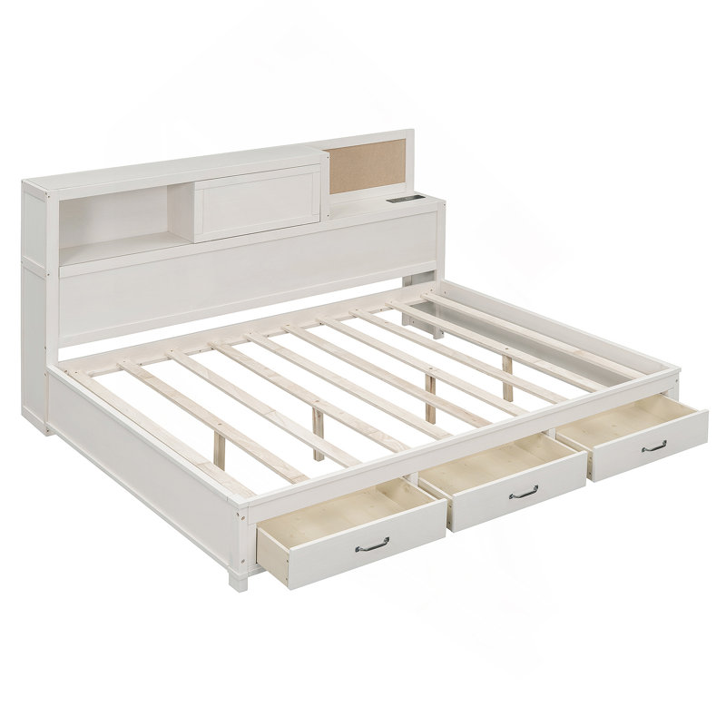 Wooden Daybed with 3 Storage Drawers, Upper Soft Board, shelf, and a set of Sockets and USB Ports, White, Twin