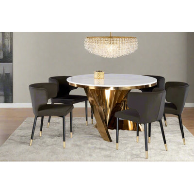Garnica 7-Piece Round White Marble Dining Table Set with 6 Velvet Curved Back Chairs – White Marble Top