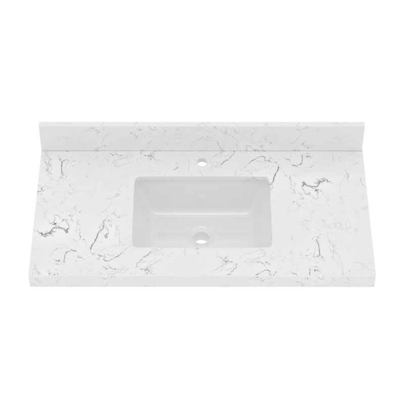 Quartz Stone 36" Rectangular Single Sink Vanity Top In Grain White With Undermount Ceramic Sink
